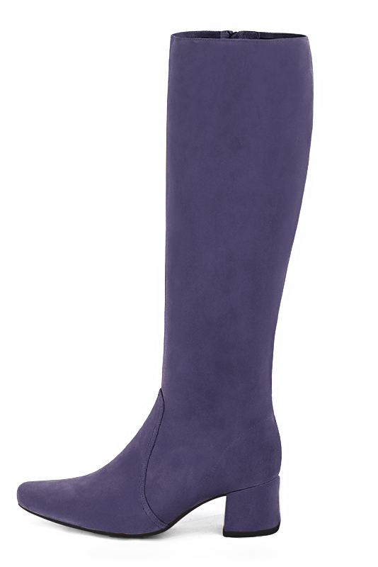 Lavender purple women's feminine knee-high boots. Round toe. Low flare heels. Made to measure. Profile view - Florence KOOIJMAN